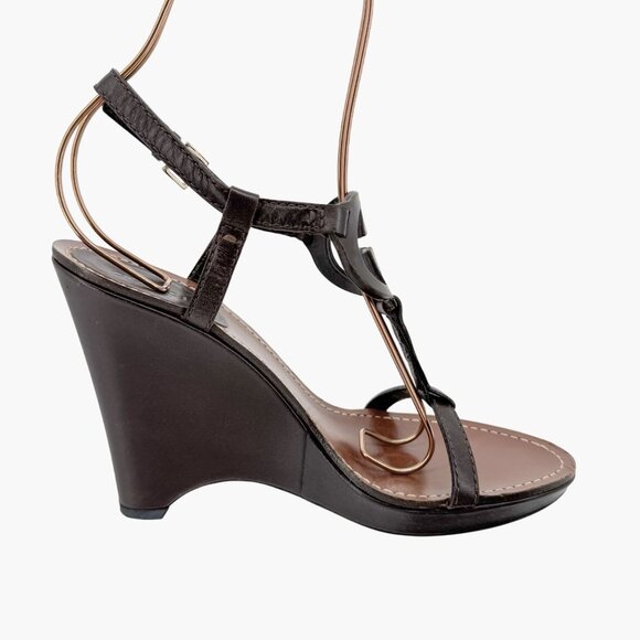 Gucci GG Interlock Cutout Wedge Sandals Size 7.5 Brown Leather Logo Platform - Picture 12 of 16